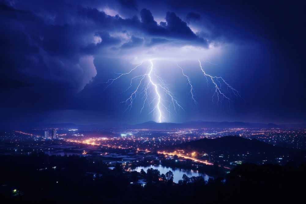 Weather effects composition lightning thunderstorm landscape. AI generated Image by rawpixel.