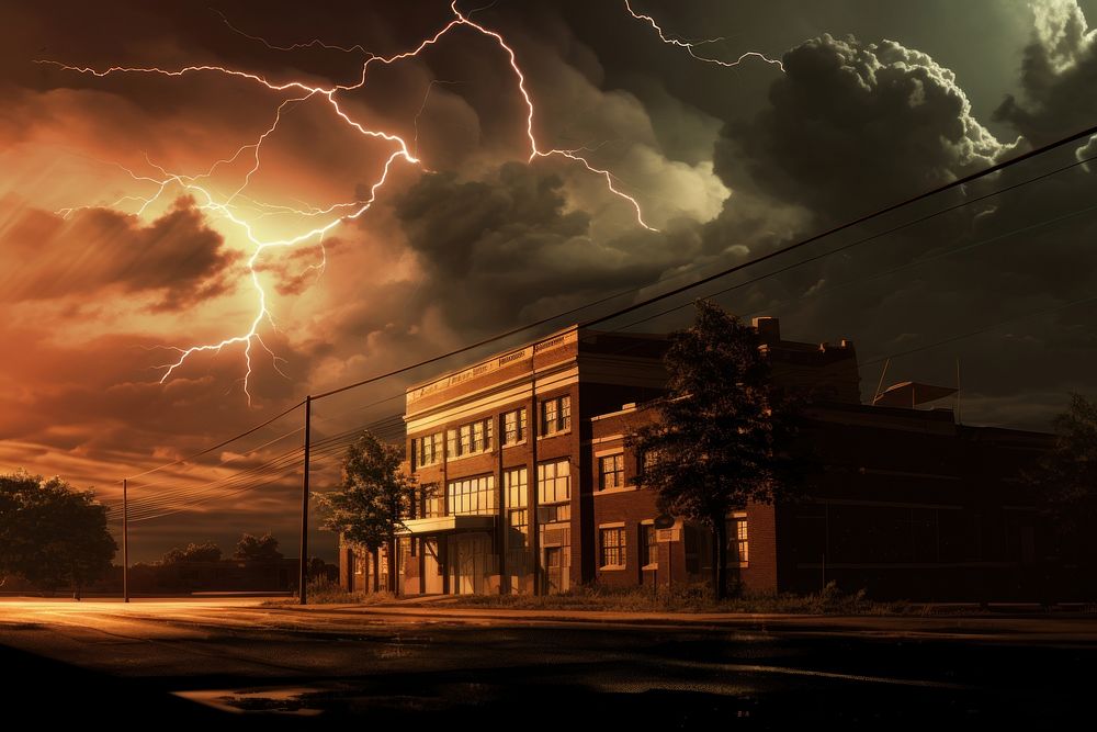 Weather effects composition lightning building thunderstorm. AI generated Image by rawpixel.