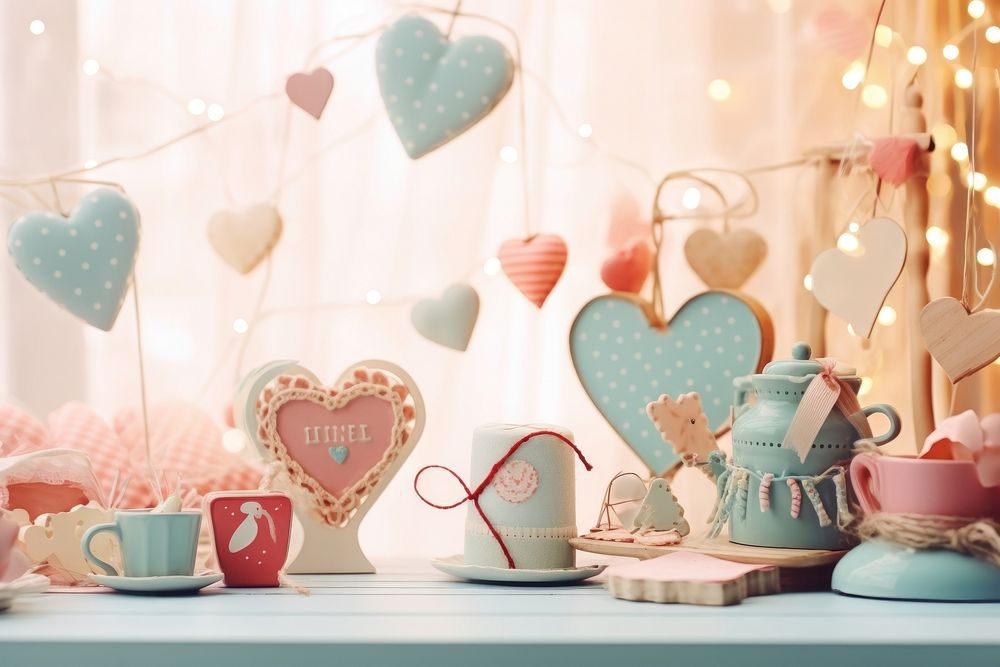  Bokeh hearts pink blue celebration. AI generated Image by rawpixel.