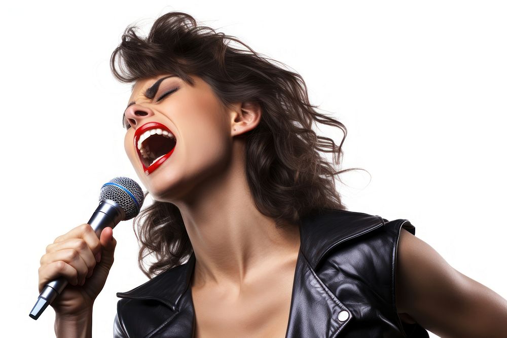 Women Person singing microphone laughing person.