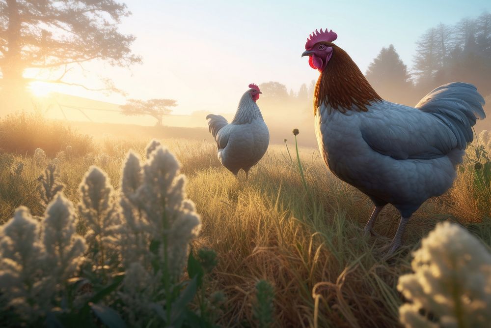 Two free-range chickens at sunrise outdoors poultry animal. AI generated Image by rawpixel.