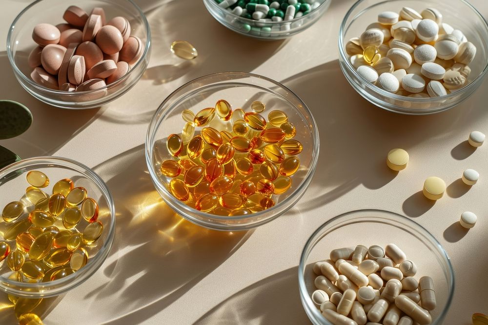 Various pills and capsules vitamin ingredient medication. AI generated Image by rawpixel.
