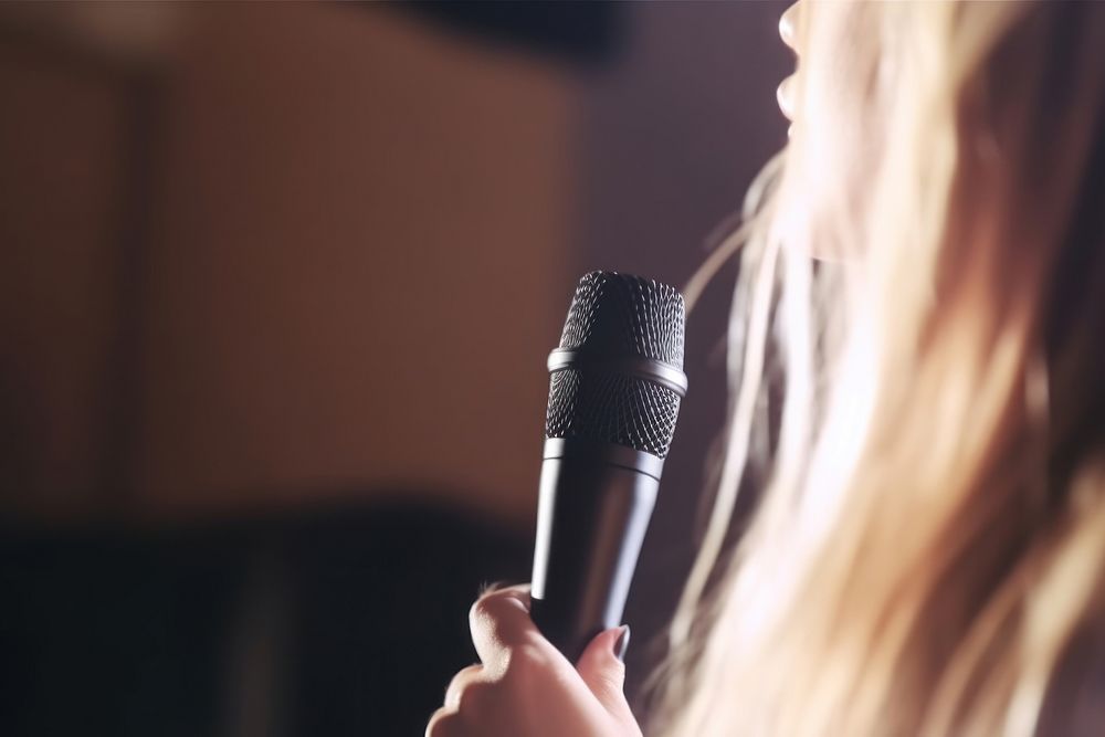 Woman Singing into Microphone microphone adult woman. AI generated Image by rawpixel.