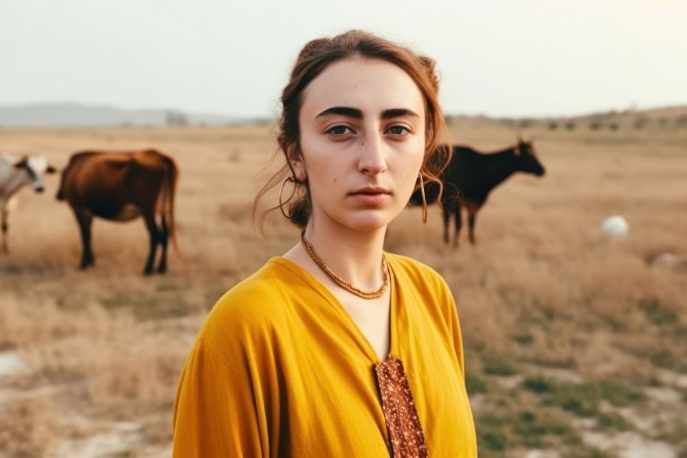Young woman farmer in a field with cows livestock portrait outdoors. AI generated Image by rawpixel.