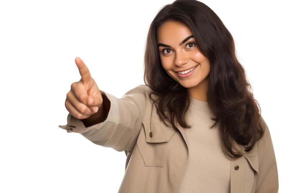 Young Argentinian woman pointing finger over smile adult hand. AI generated Image by rawpixel.