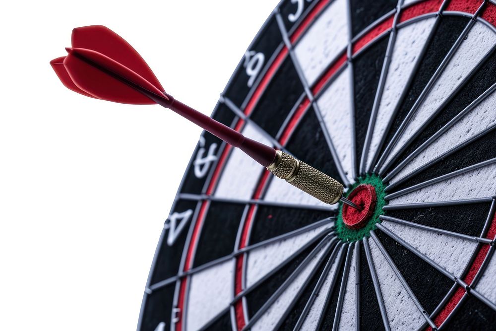 Arrow hitting in the target center of dartboard darts game recreation.