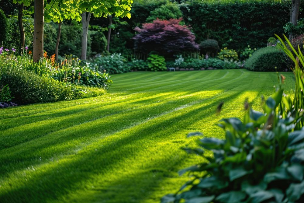 A beautiful English style landscape garden plant grass lawn.