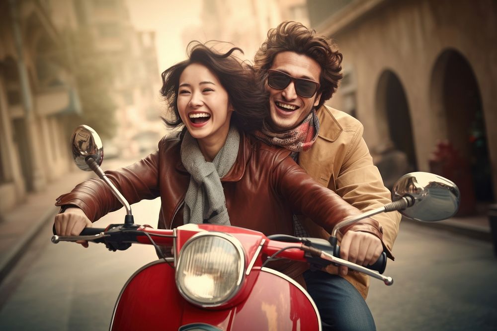 Chinese couple scooter motorcycle laughing. AI generated Image by rawpixel.