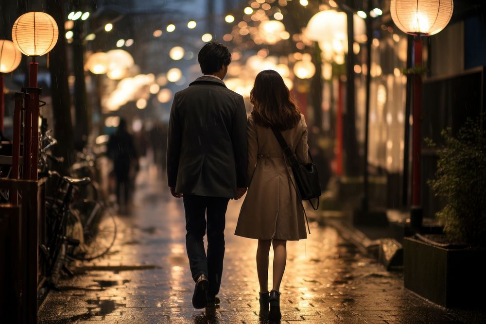 Japanese couple walking outdoors street. AI generated Image by rawpixel.