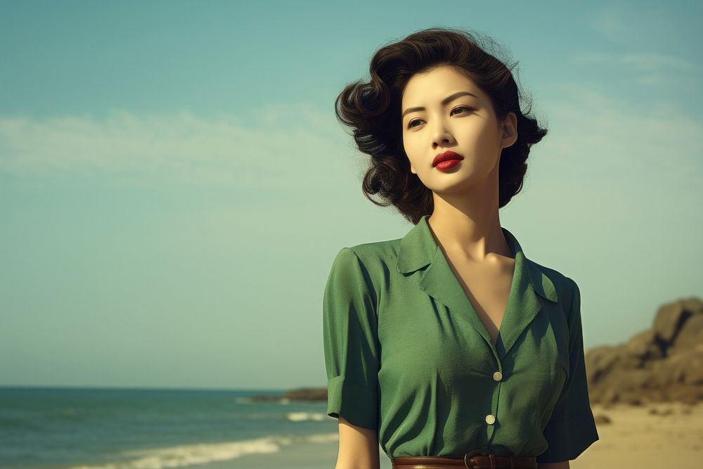 Korean female portrait beach adult. AI generated Image by rawpixel.