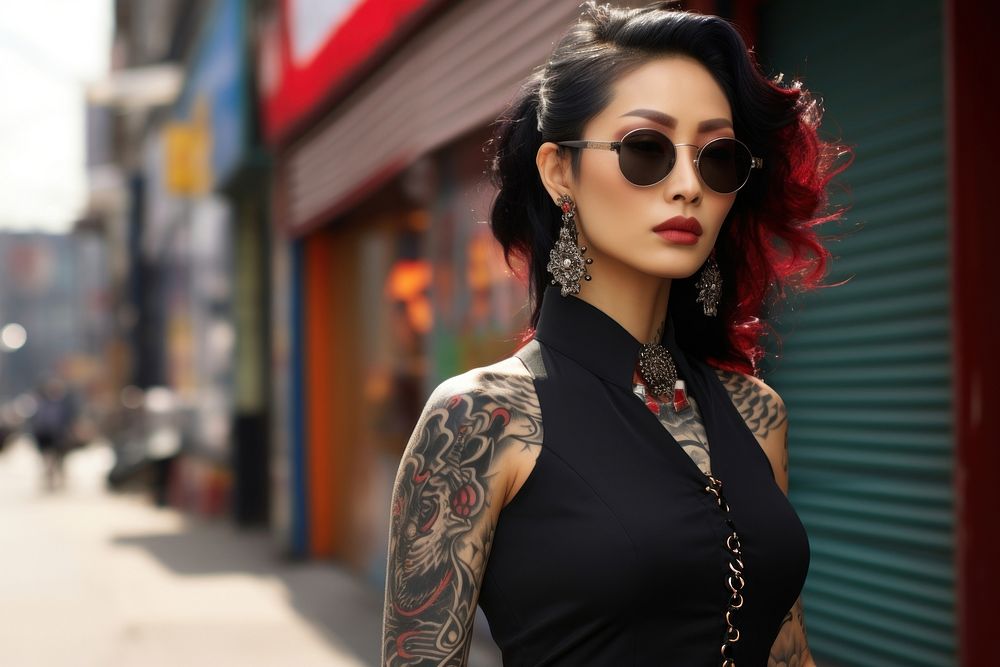 Korean mafia female tattoo sunglasses necklace. AI generated Image by rawpixel.