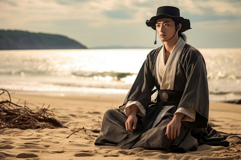 Korean male sitting beach adult. AI generated Image by rawpixel.