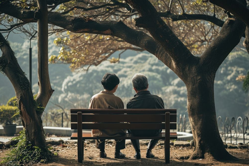 Senior taiwanese couple sitting bench adult. AI generated Image by rawpixel.
