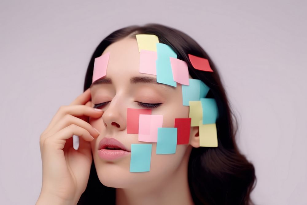 Adhesive notes covering face of exhausted woman portrait photo adhesive note. AI generated Image by rawpixel.