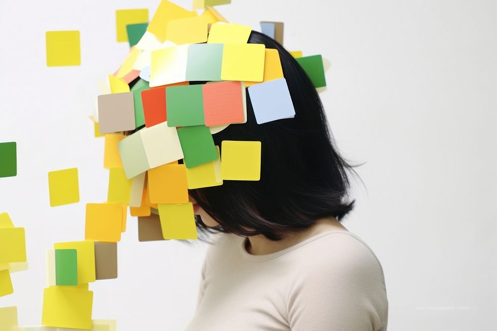 Adhesive notes covering face of exhausted woman paper adult toy. AI generated Image by rawpixel.