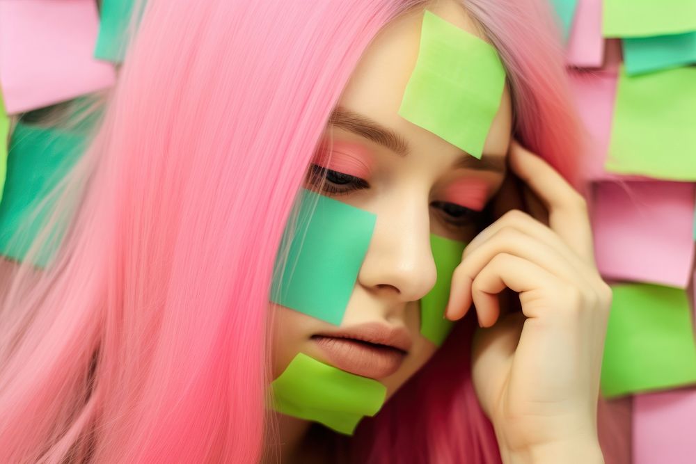 Adhesive notes covering face of exhausted woman adult adhesive note hairstyle. AI generated Image by rawpixel.