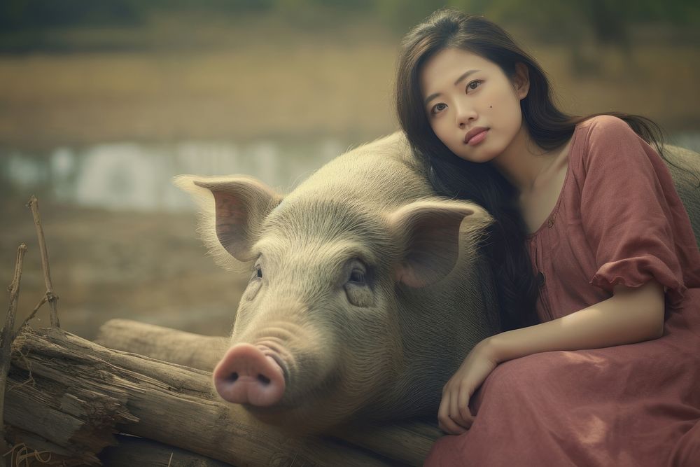 Thai women pig portrait mammal. AI generated Image by rawpixel.