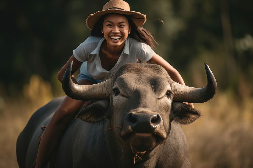 Thai women buffalo livestock mammal. AI generated Image by rawpixel.