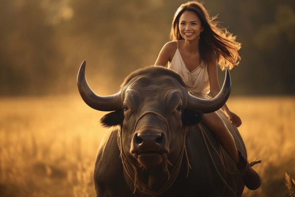 Thai women buffalo livestock wildlife. AI generated Image by rawpixel.