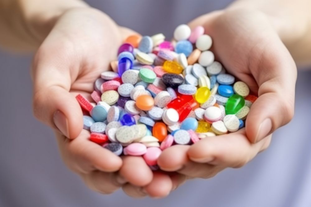 Colorful pills and medicines in the hand confectionery medication variation. AI generated Image by rawpixel.