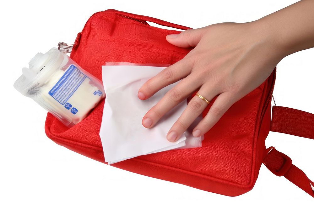 Closeup female hand neatly placing medicament at domestic first aid kit top view white background accessories accessory. AI…