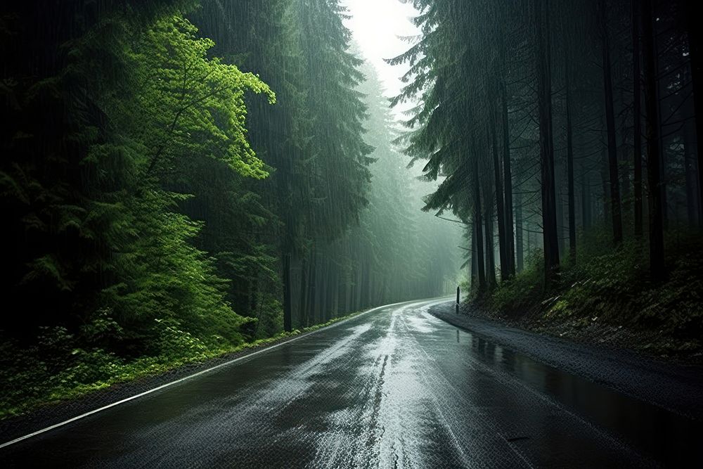 Drizzling rain on the road along the edge of the forest outdoors woodland highway. AI generated Image by rawpixel.