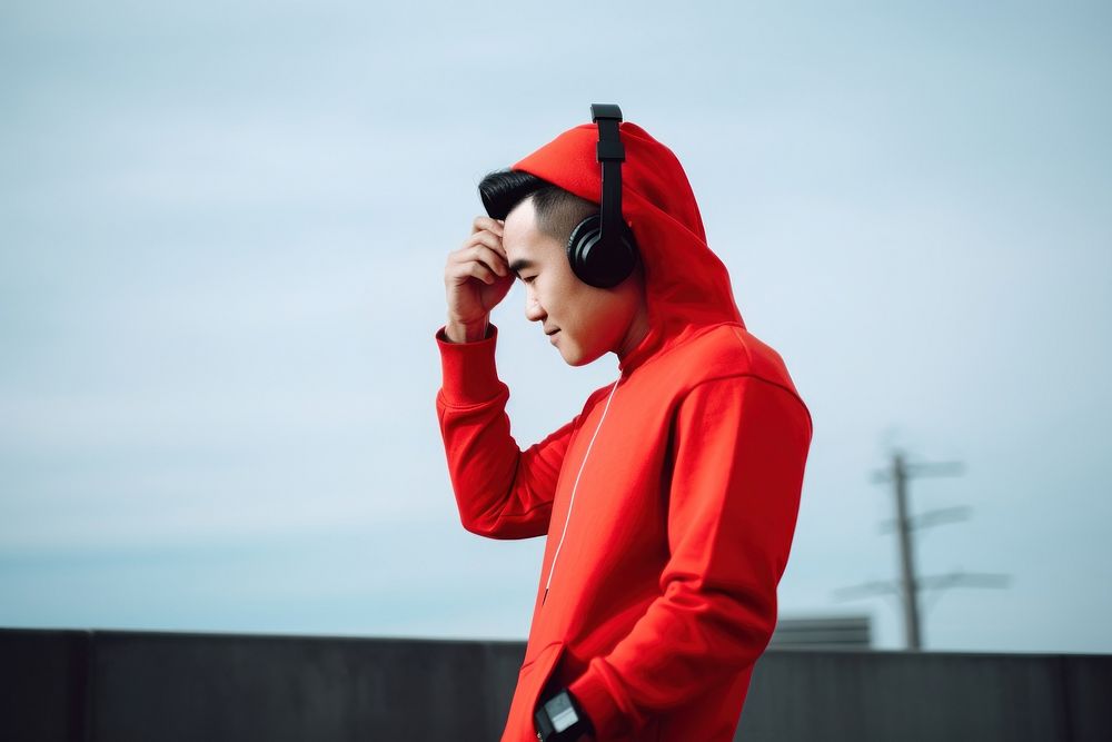 East Asian man using smartphone with headphones on rooftop adult photo architecture. 