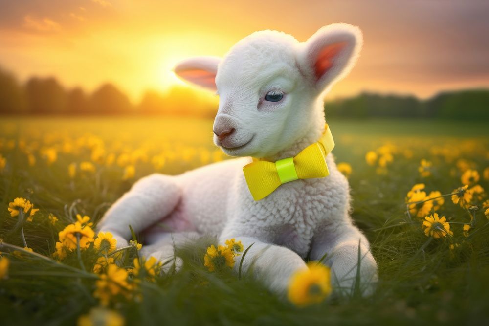 Lamb in field with buttercups livestock outdoors nature. AI generated Image by rawpixel.