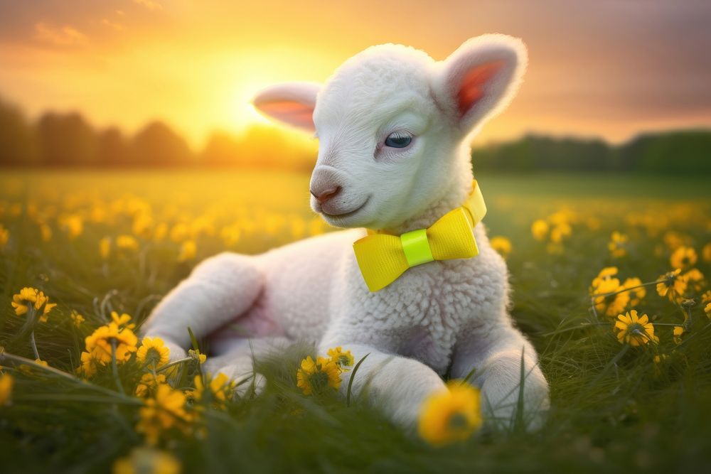 Lamb in field with buttercups livestock outdoors nature. 