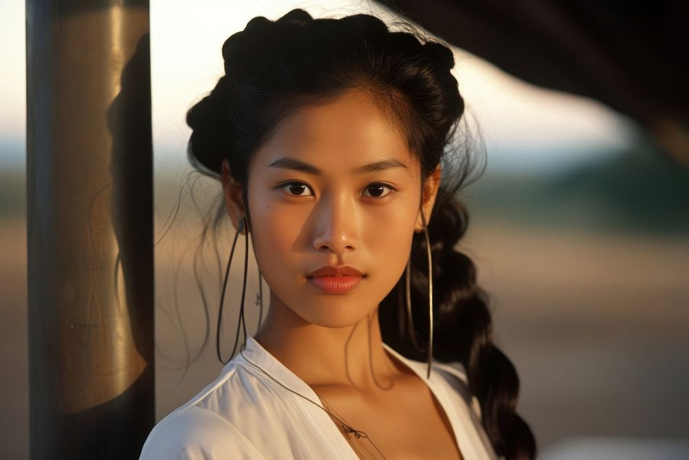 Laos woman wearing a 80s fashion style portrait adult photo. AI generated Image by rawpixel.