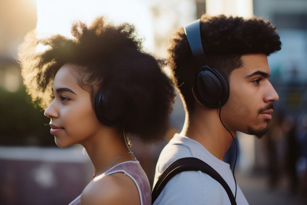 Latinx Young couple listening to music photography headphones portrait. AI generated Image by rawpixel.