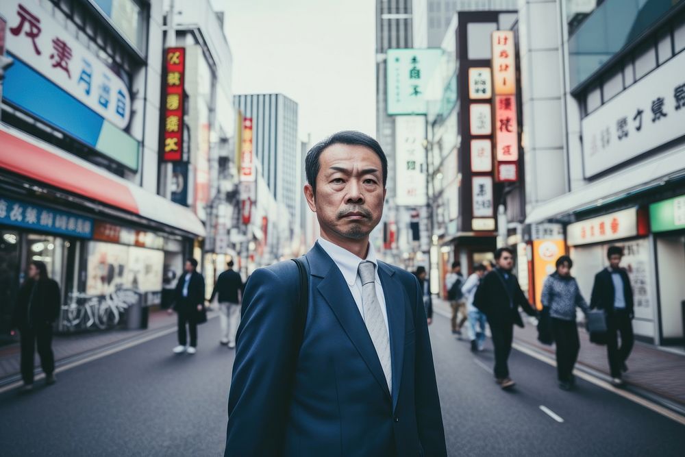 Mature handsome Japanese entrepreneur street adult city. AI generated Image by rawpixel.