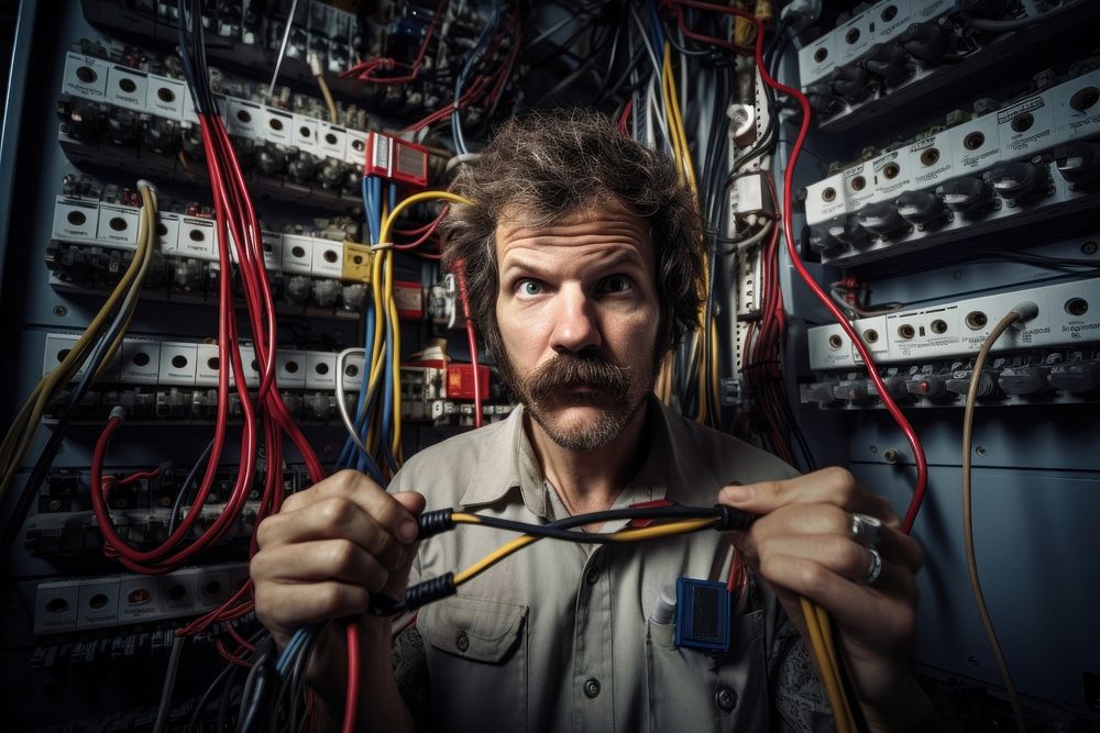 Man an electrical technician working in a switchboard with fuses computer portrait adult. AI generated Image by rawpixel.