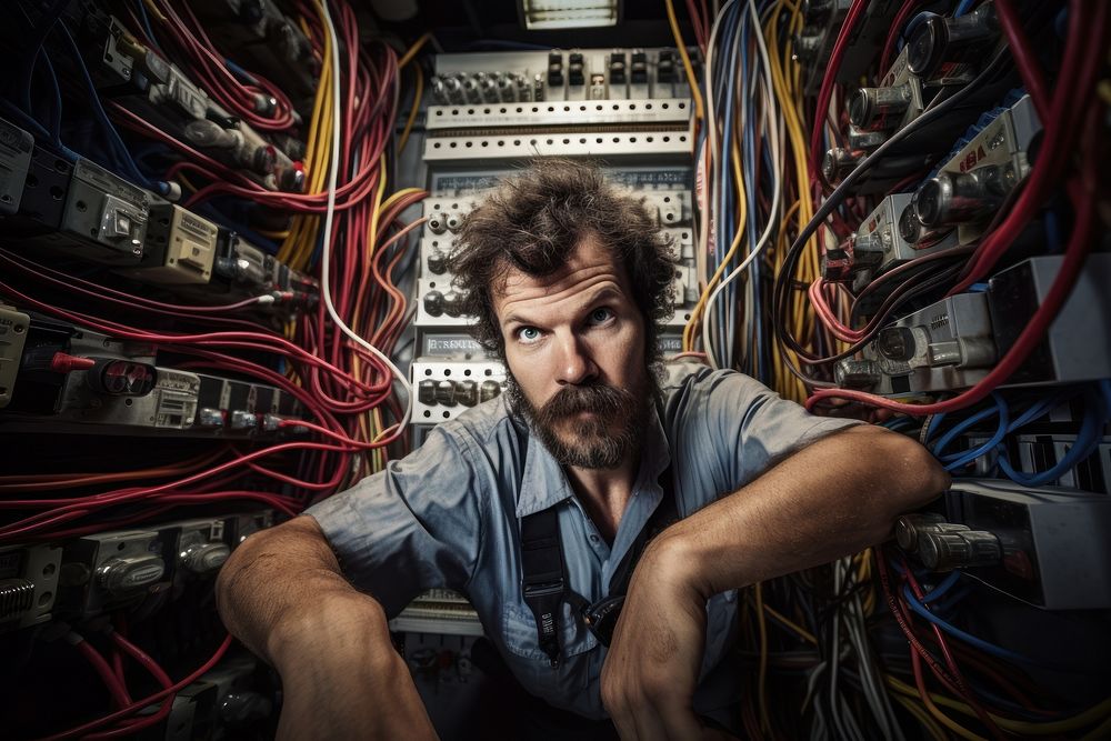Man an electrical technician working in a switchboard with fuses portrait computer adult. AI generated Image by rawpixel.