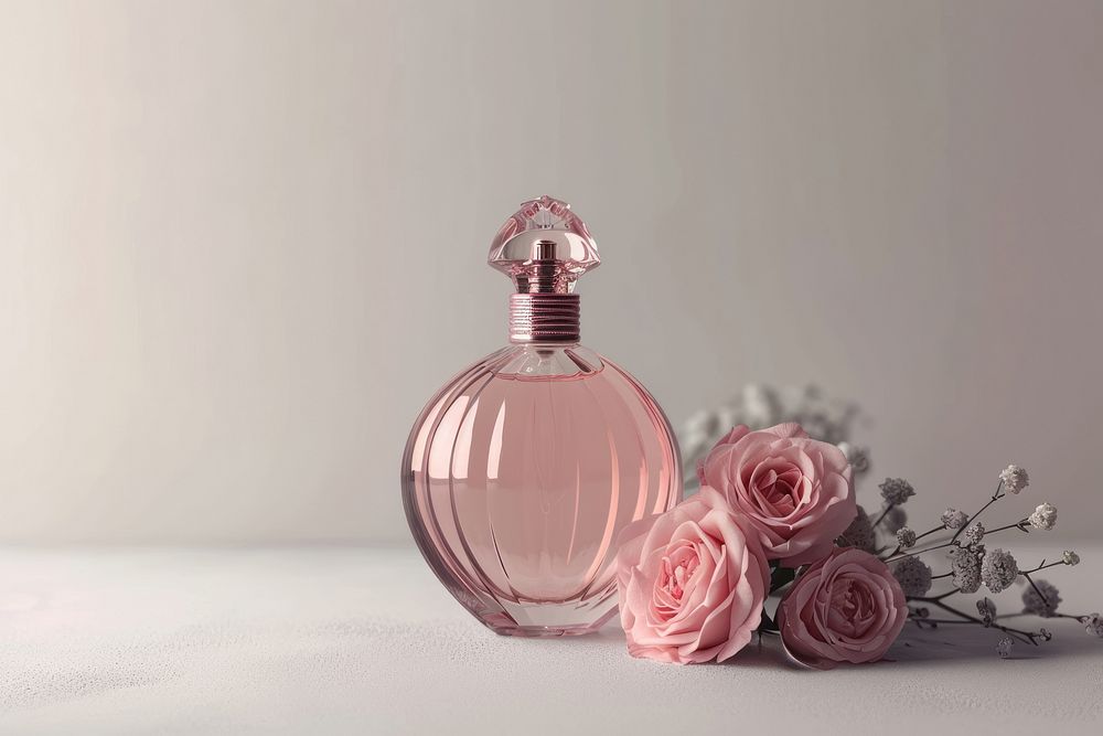 Perfume bottle  with old rose color rose perfume flower plant.