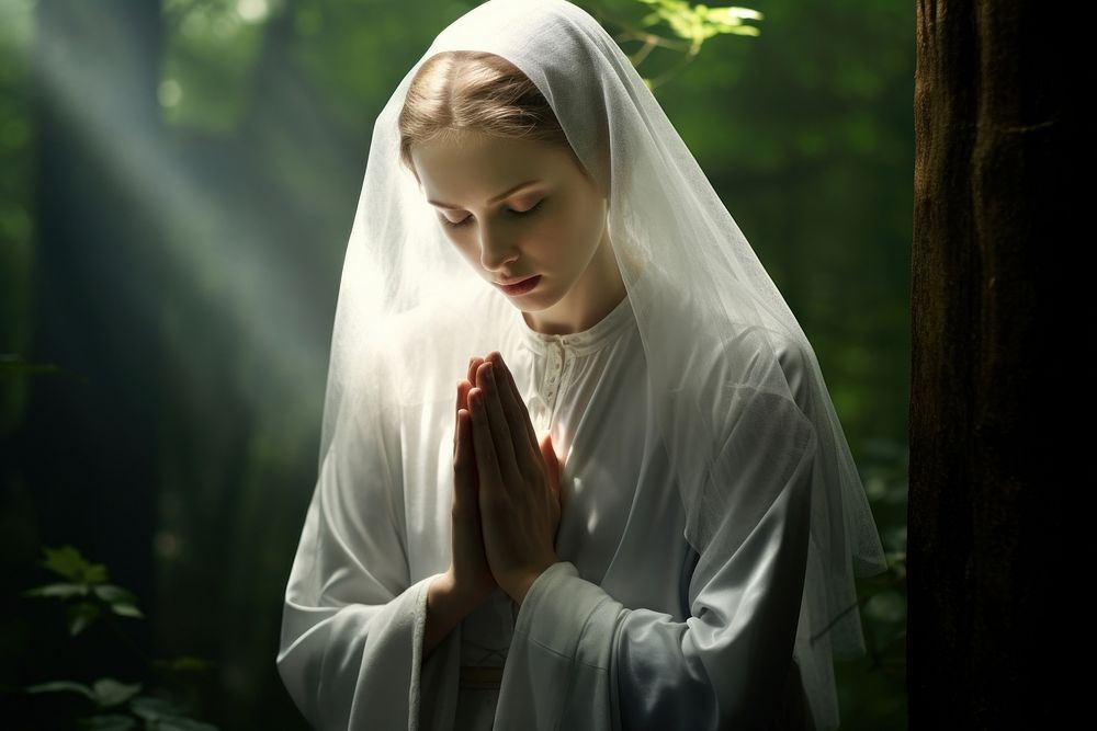 Christian nun pray contemplation spirituality headscarf. AI generated Image by rawpixel.
