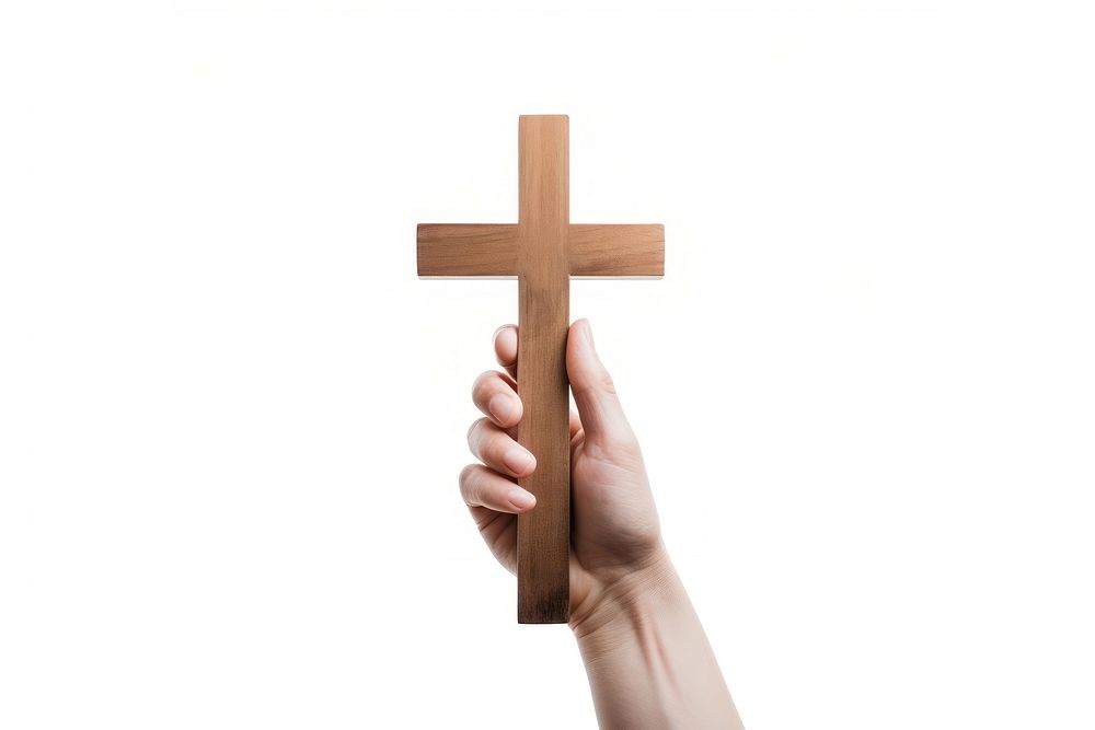 Two hands holding Christian cross symbol white background spirituality. AI generated Image by rawpixel.