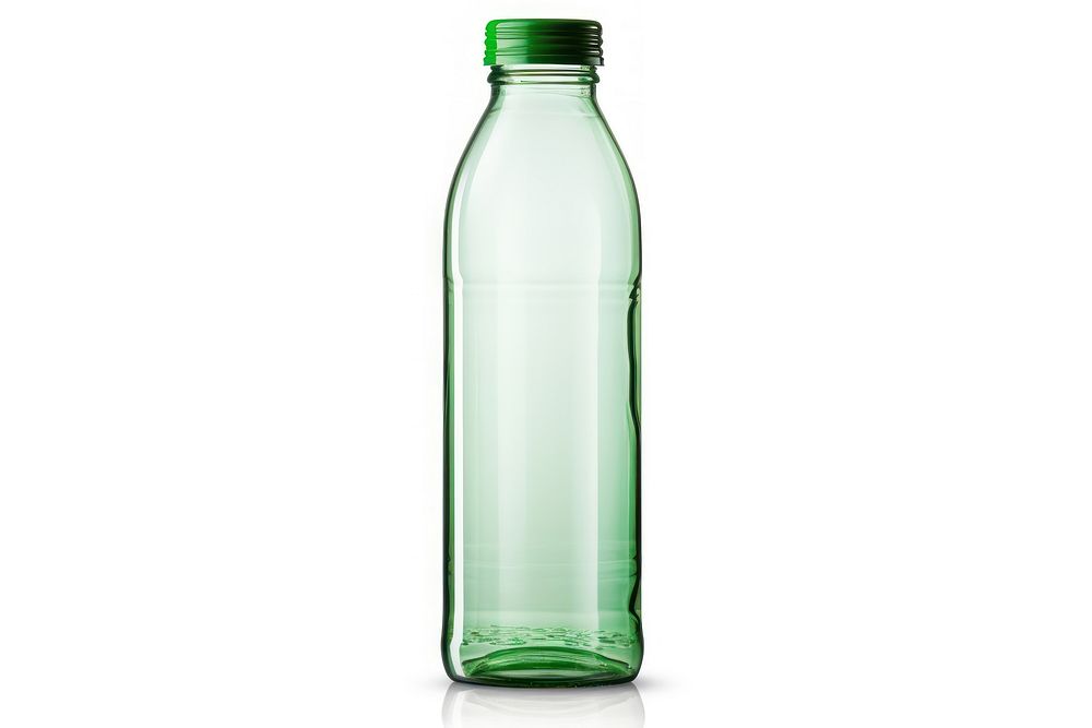 Plastic bottle glass drink white background.