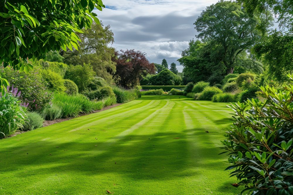 A beautiful English style landscape garden plant grass lawn.