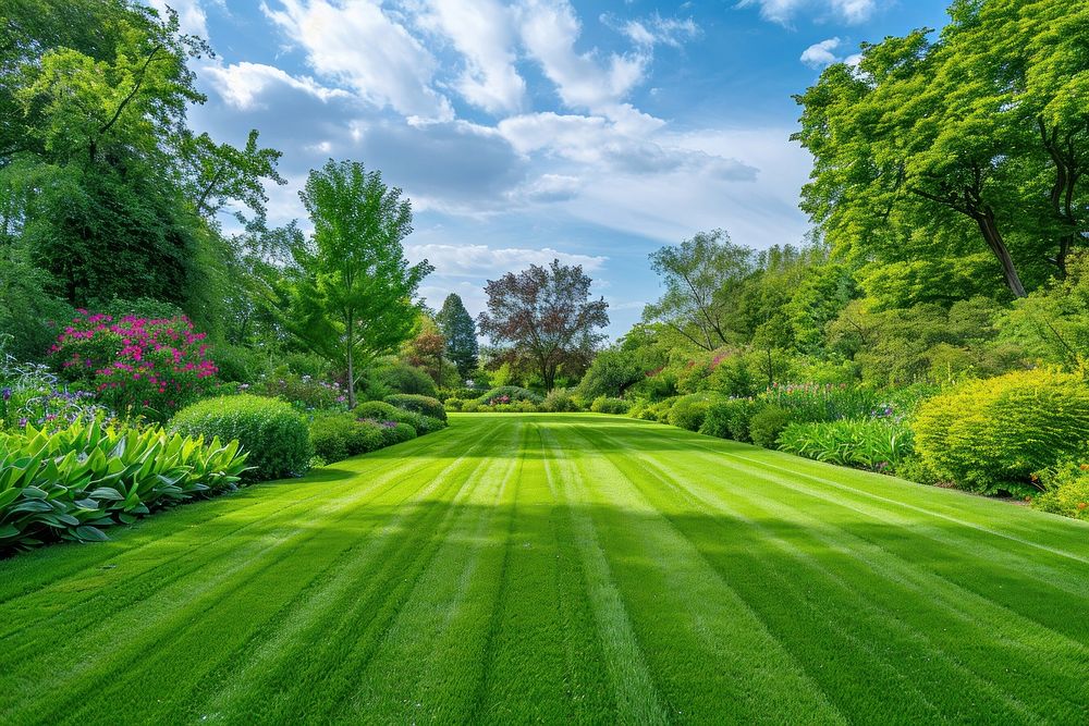 A beautiful English style landscape garden plant grass lawn.