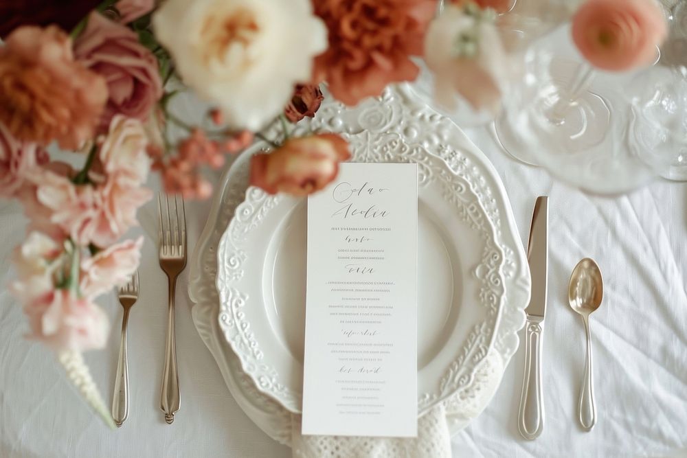 White paper menu table wedding flower.