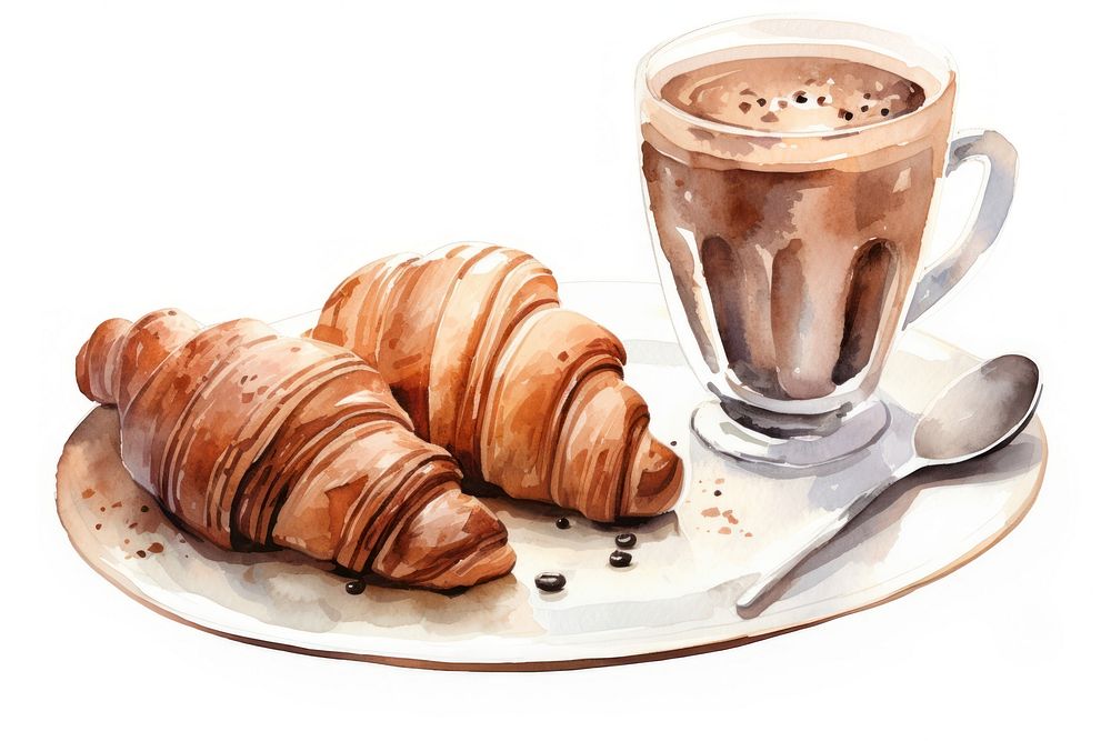 Iced coffee and croissant on plate breakfast food cup.