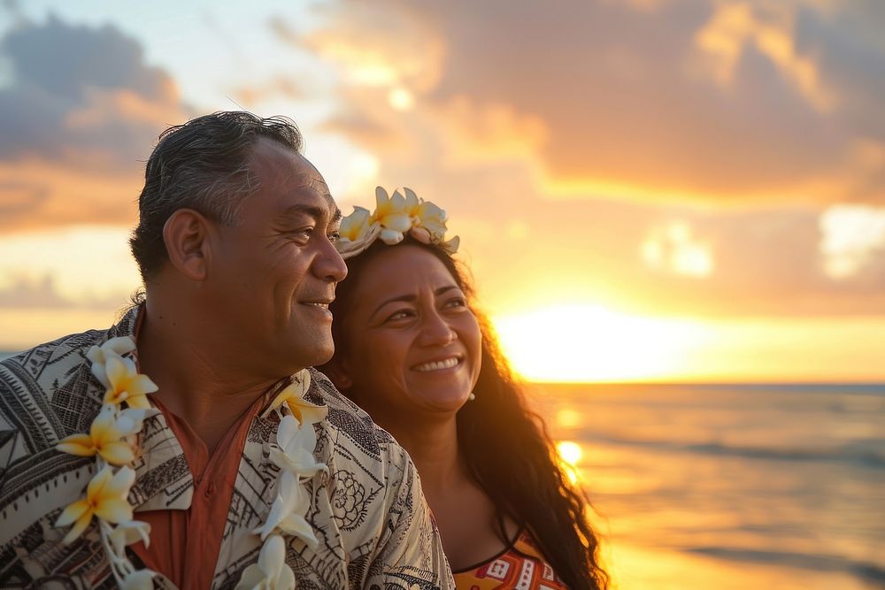 Samoan couple beach portrait outdoors.