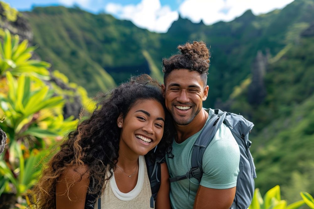 Samoan couple outdoors travel hiking.