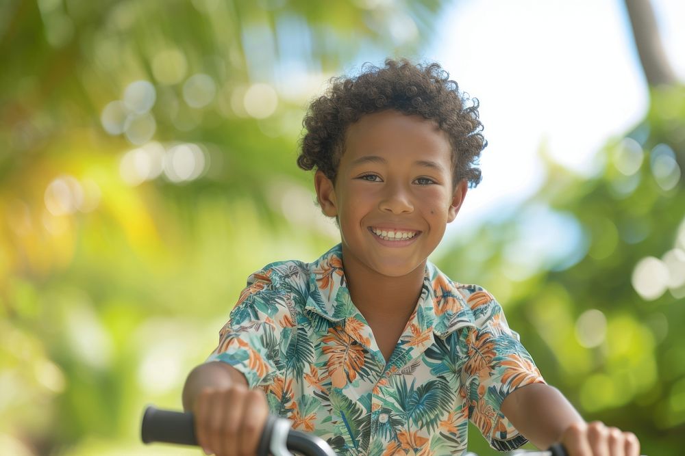 Samoan kid outdoors travel riding.