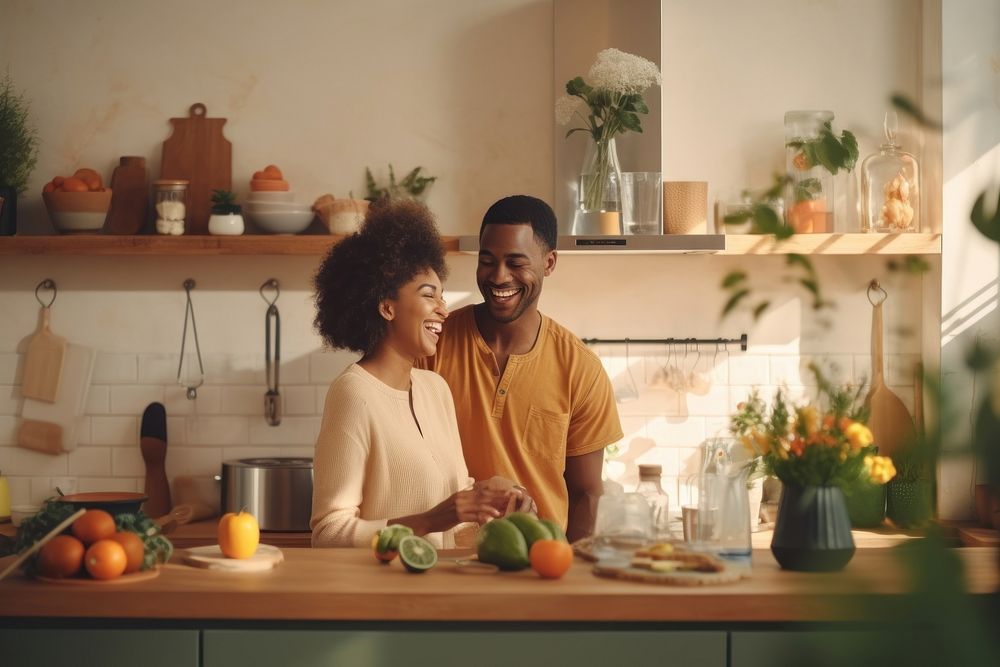 Afican american couple cheerful kitchen adult.