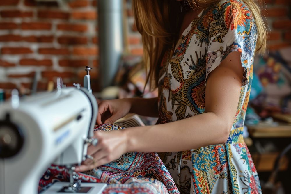 Woman fashion designer sewing pattern machine.
