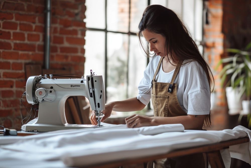 Woman fashion designer sewing machine making.