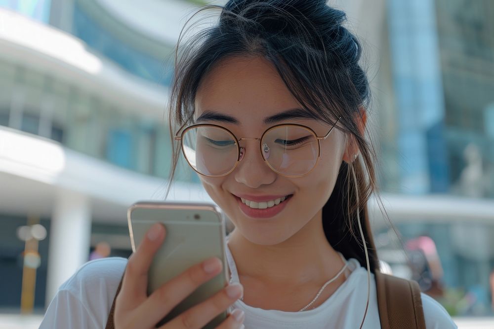 Asian woman glasses looking selfie.