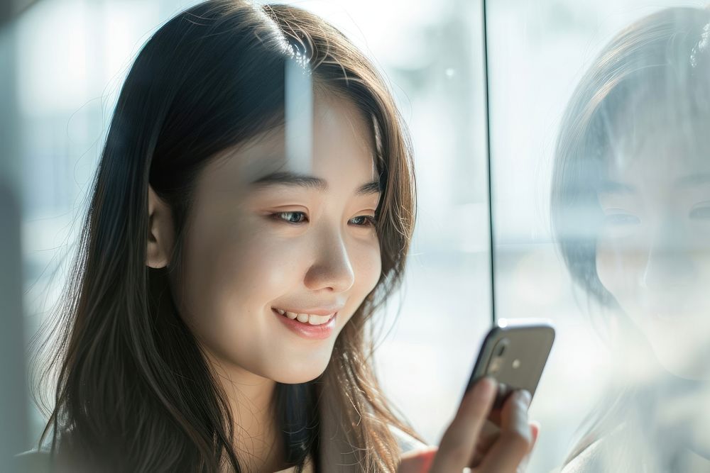 Asian women looking happy phone.